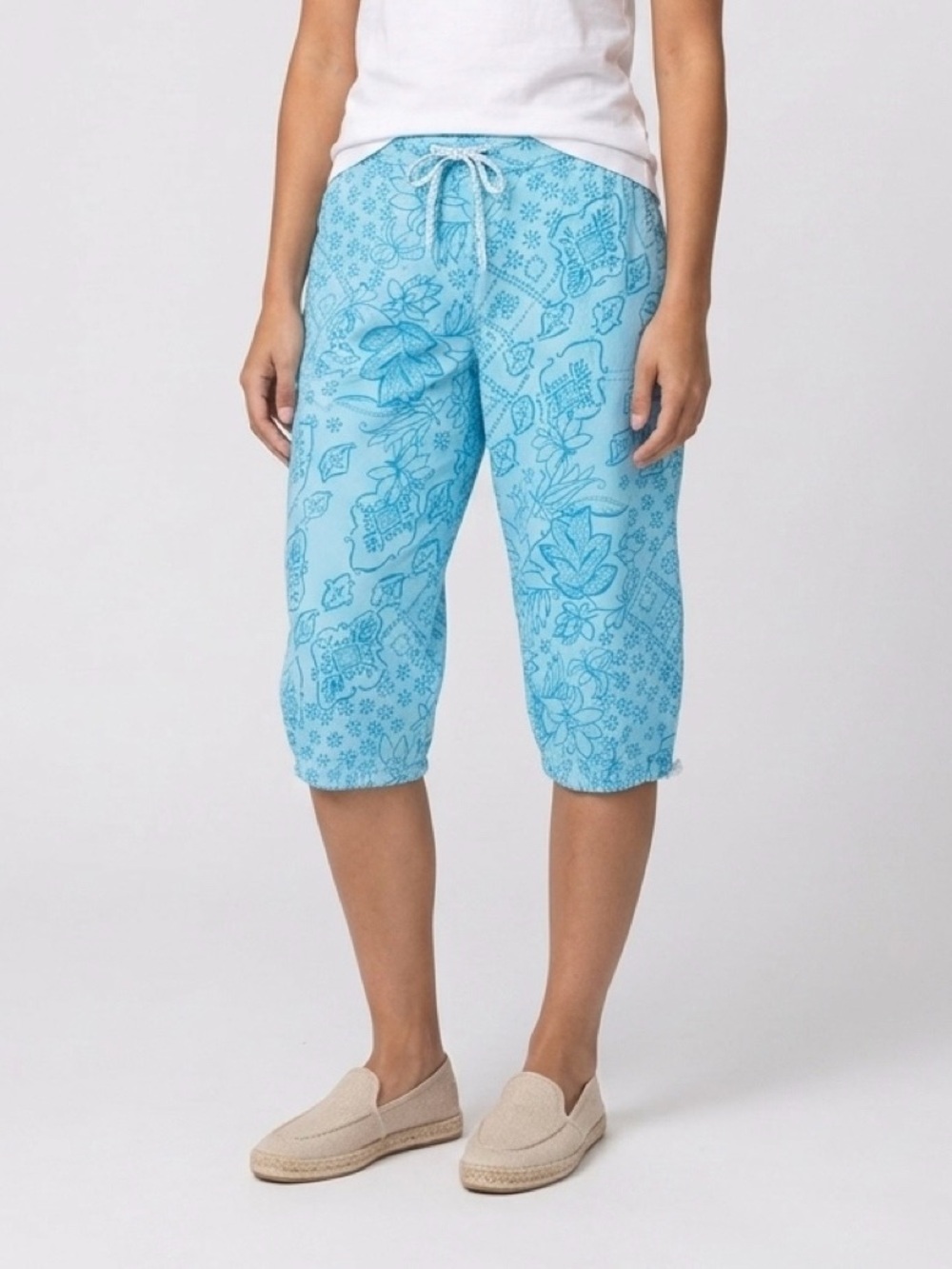 Oleg Cassini Weekend Blue Floral  Capri Cropped Vacation Pants